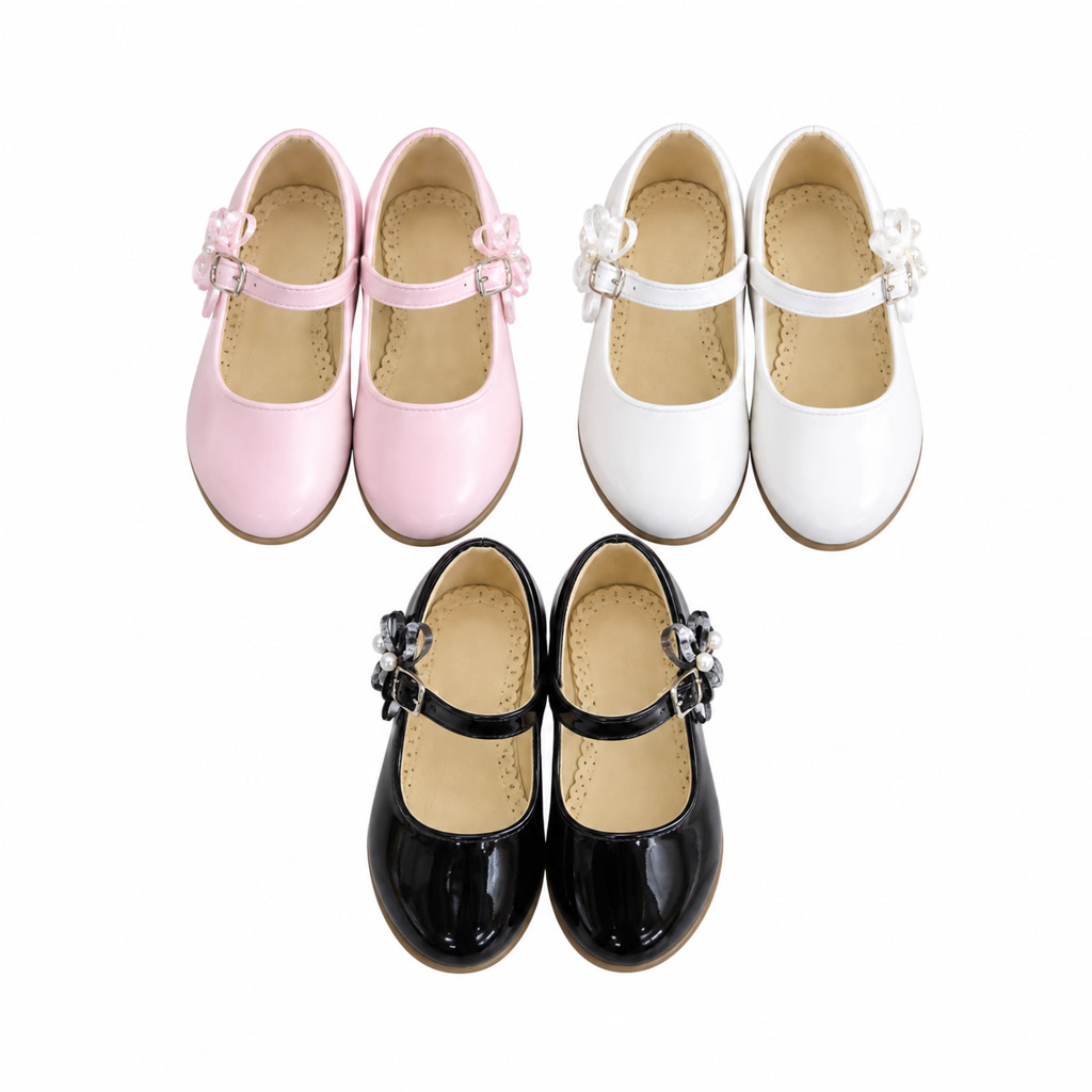 Zapato de charol para niña con moño brillante y correa fina