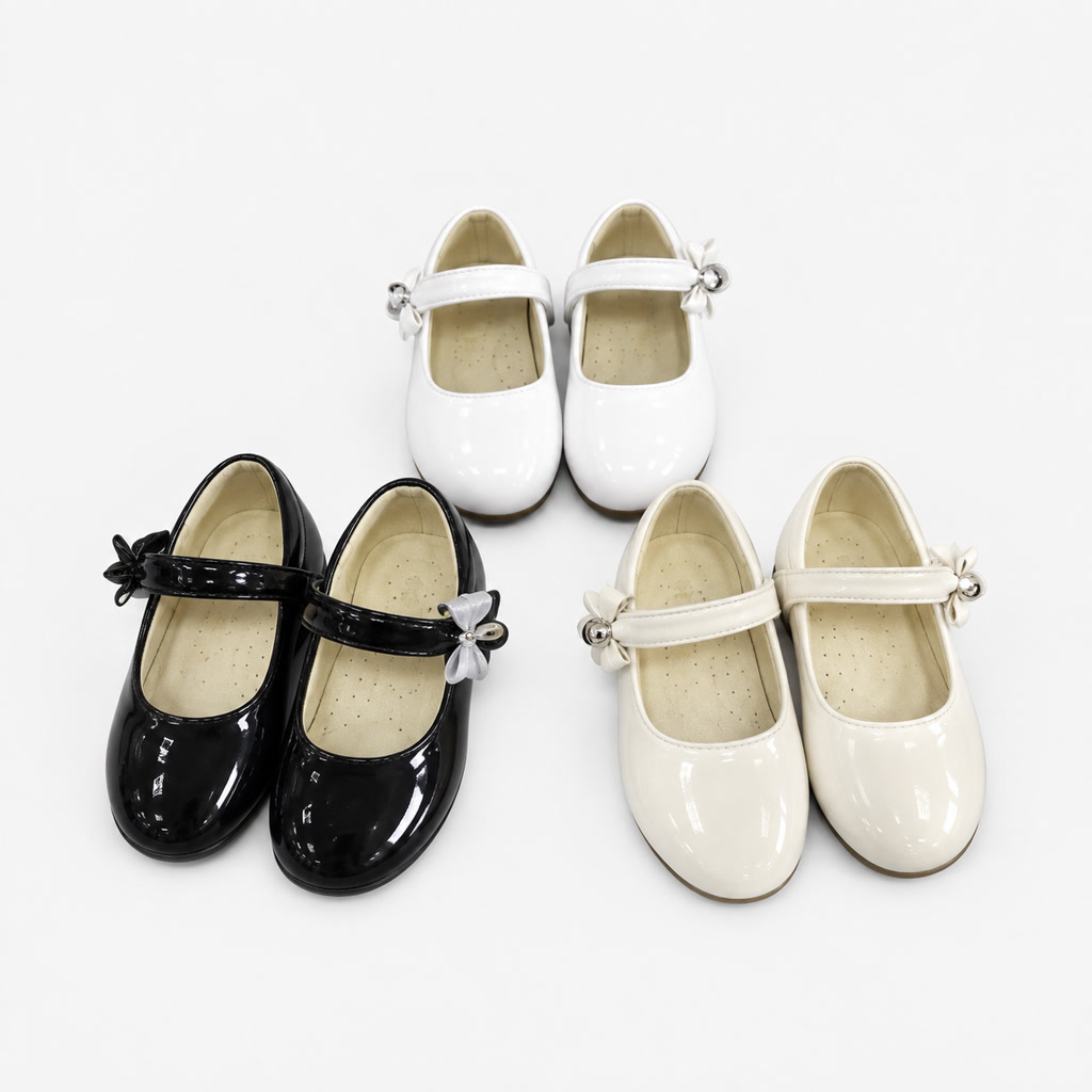 [DLM-3862] Zapato de charol para niña con mariposa de tela y correa fina