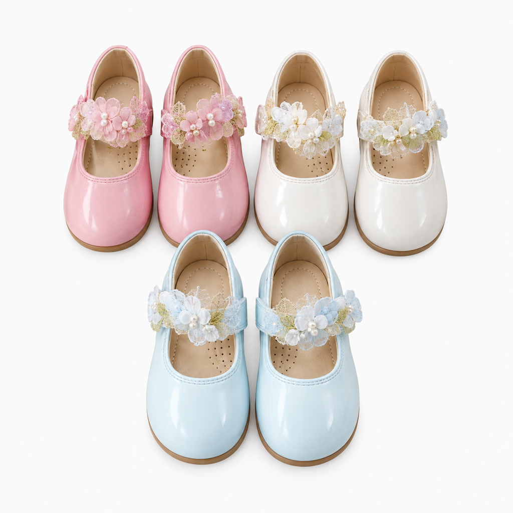 Zapato de charol para niña con lazo y adorno de cadena