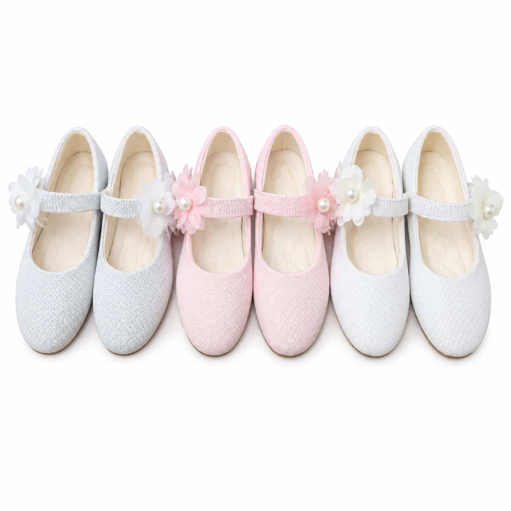 [DLM-3131] Zapato de charol para niña con flor de tul y puntera brillante