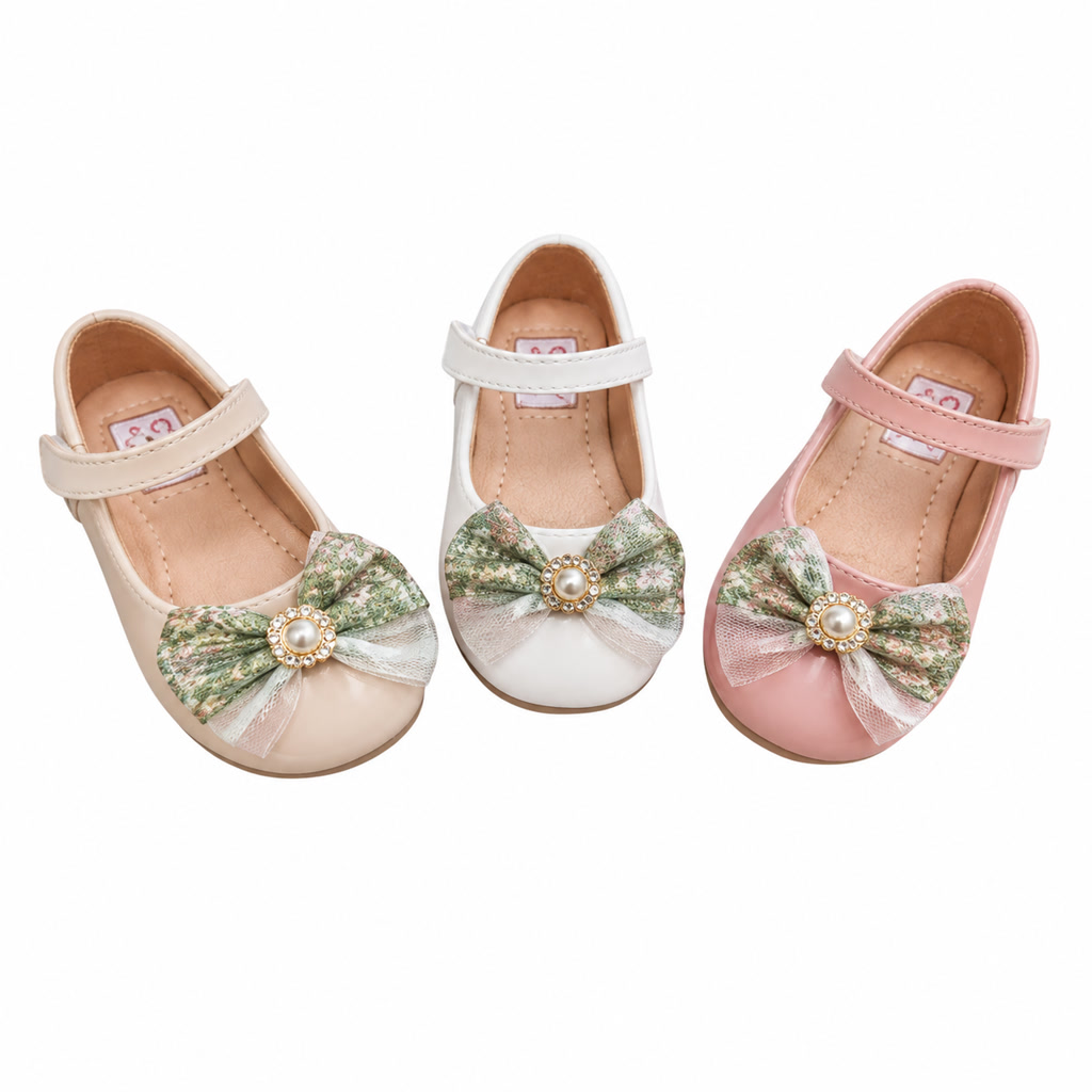 [DLM-1729] Zapato de charol para niña con flor de tela y pulsera ancha