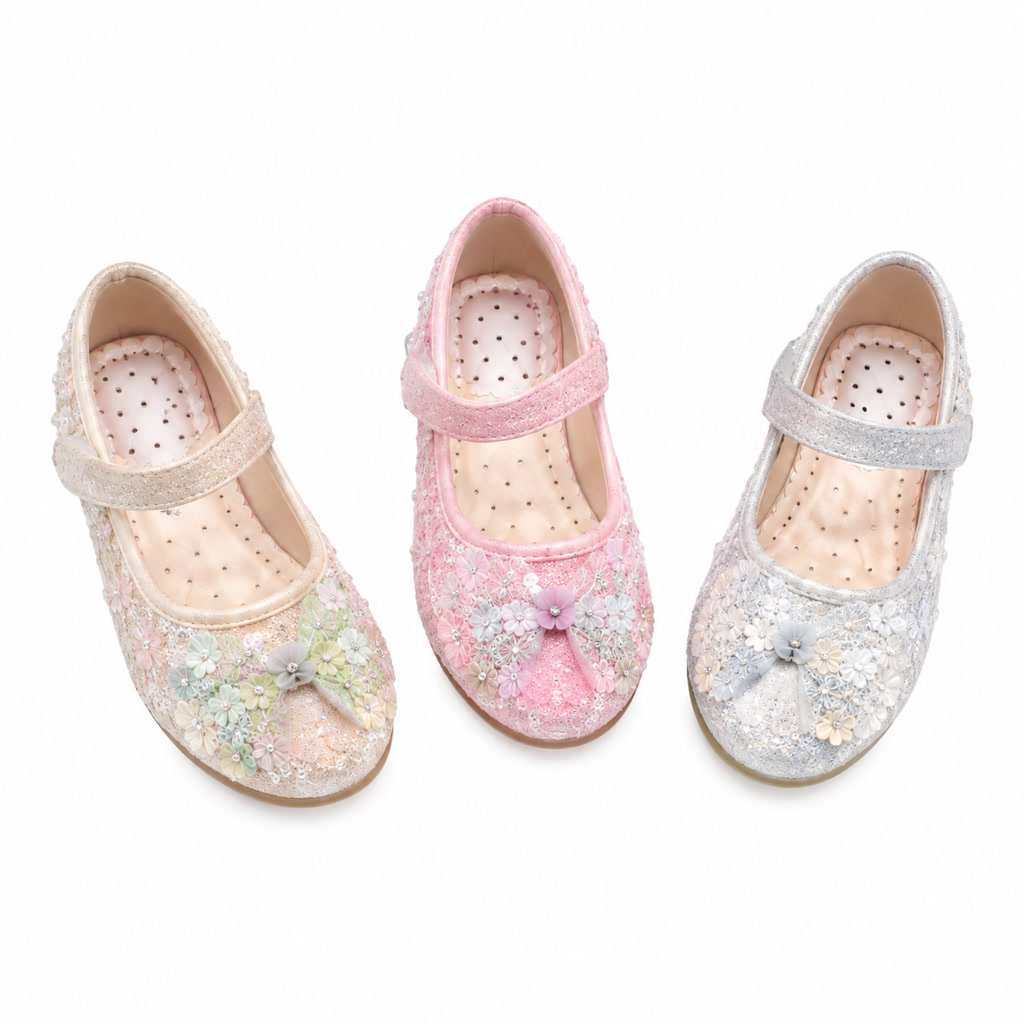 Zapato de charol para niña con flor de encaje en la punta