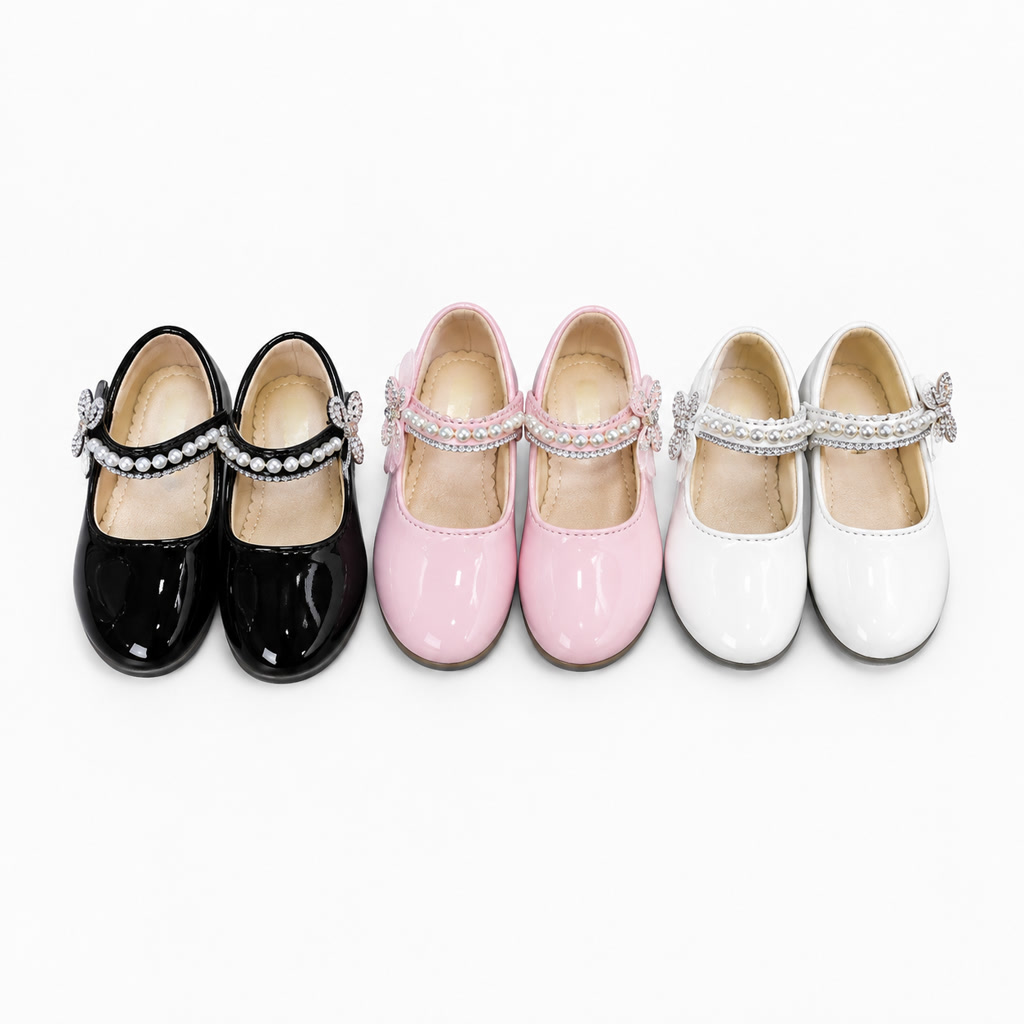Zapato de charol para niña con correa doble y flores pequeñas
