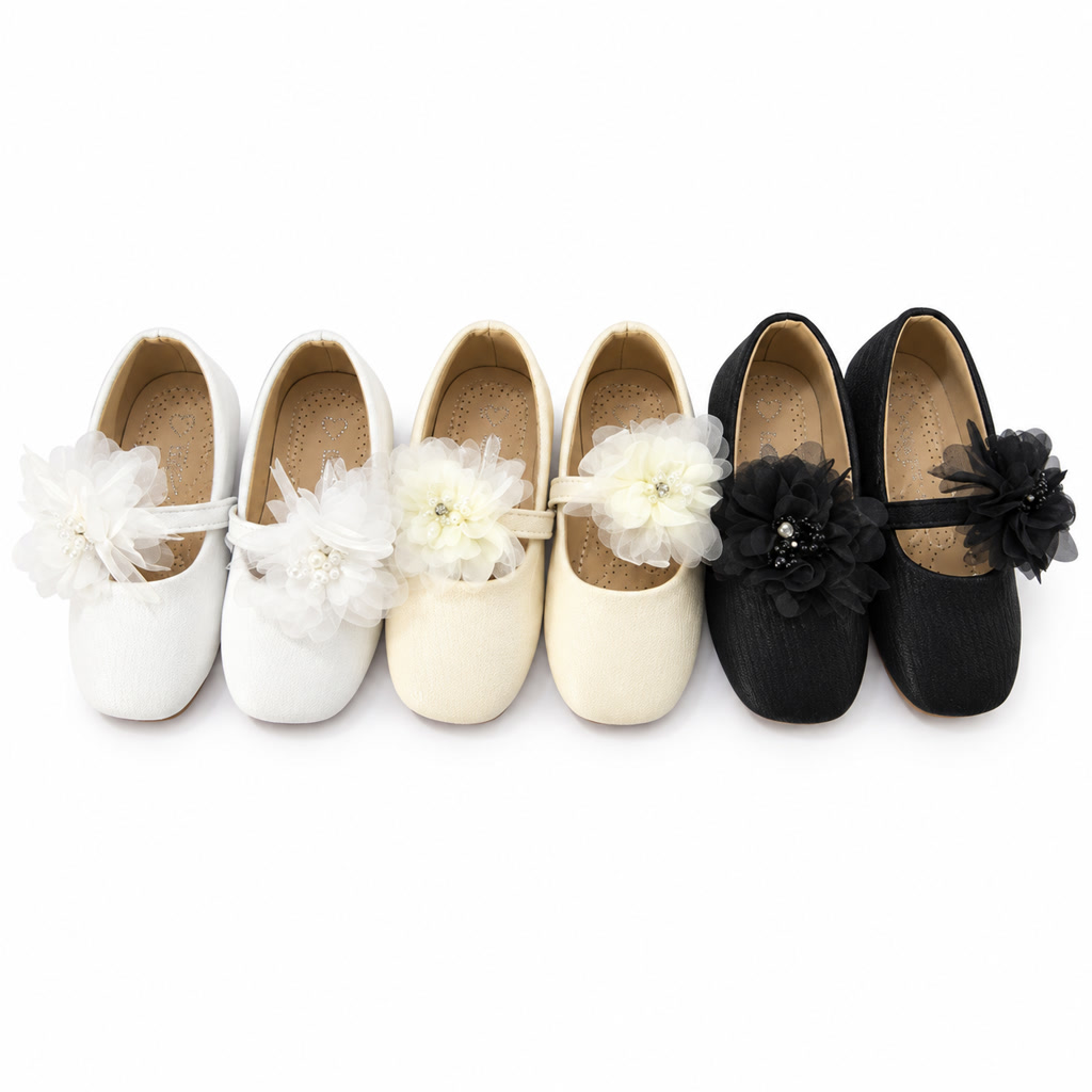 Zapato de charol Oxford para niña con flor frontal de encaje