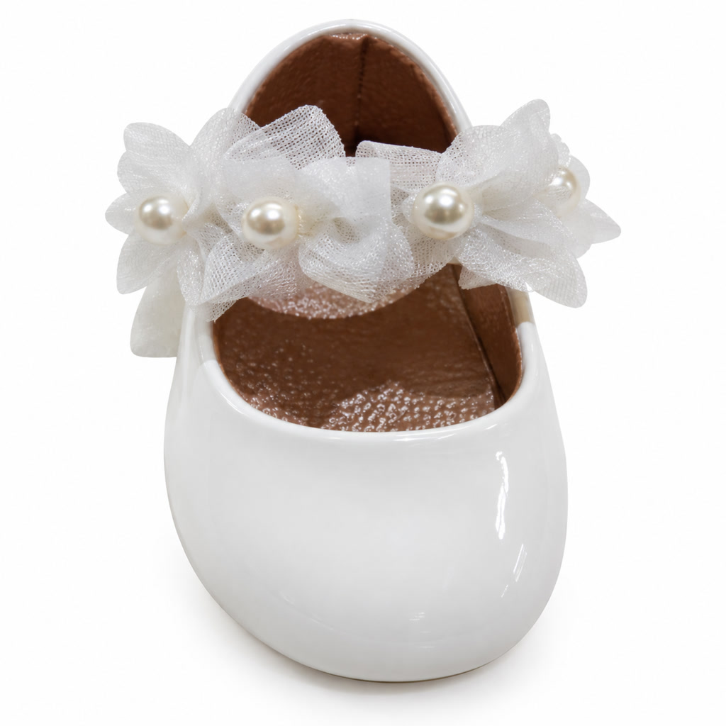 [DLM-1766] Zapato de charol para niña con flores blancas en la correa (26-30)