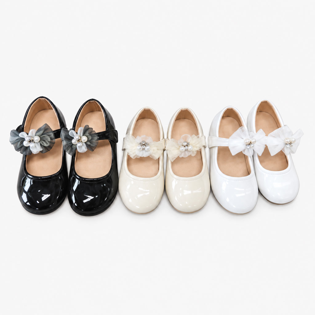 [DLM-4180] Zapato de charol para niña con flores sobre pulsera ancha (26-30)