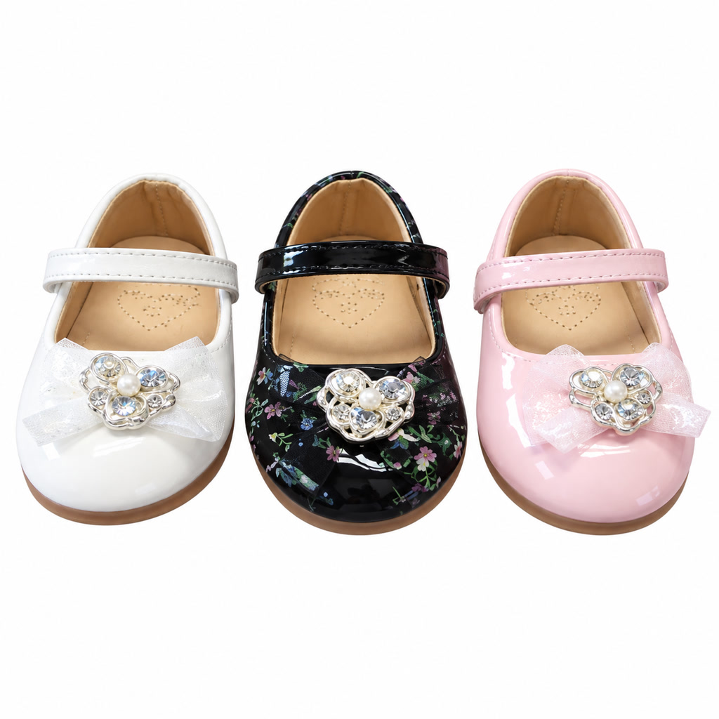 Zapato de charol para niña con moño grande de tul y pulsera