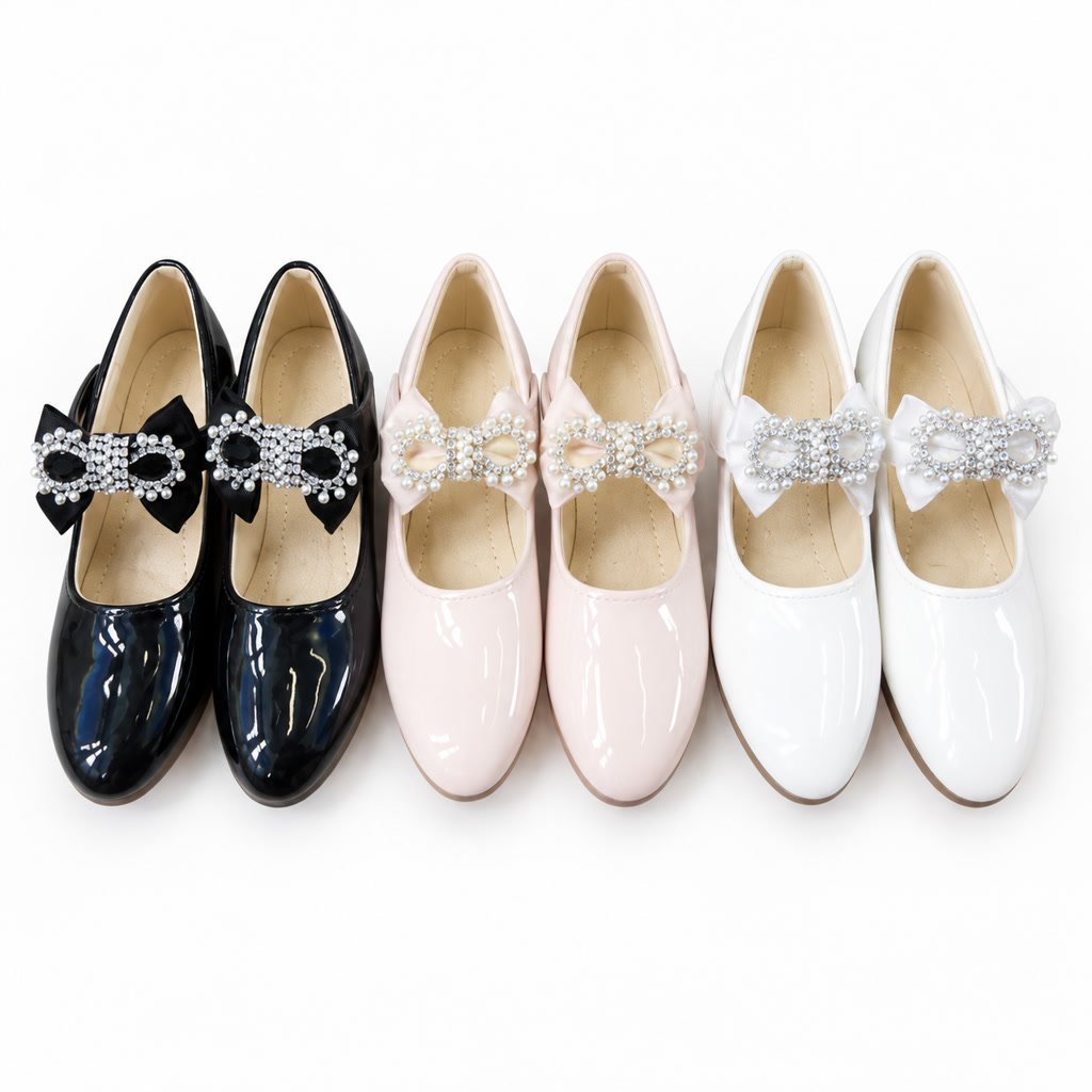 [DLM-3079] Zapato de charol para niña con moño de tela y centro de cuentas (26-30)