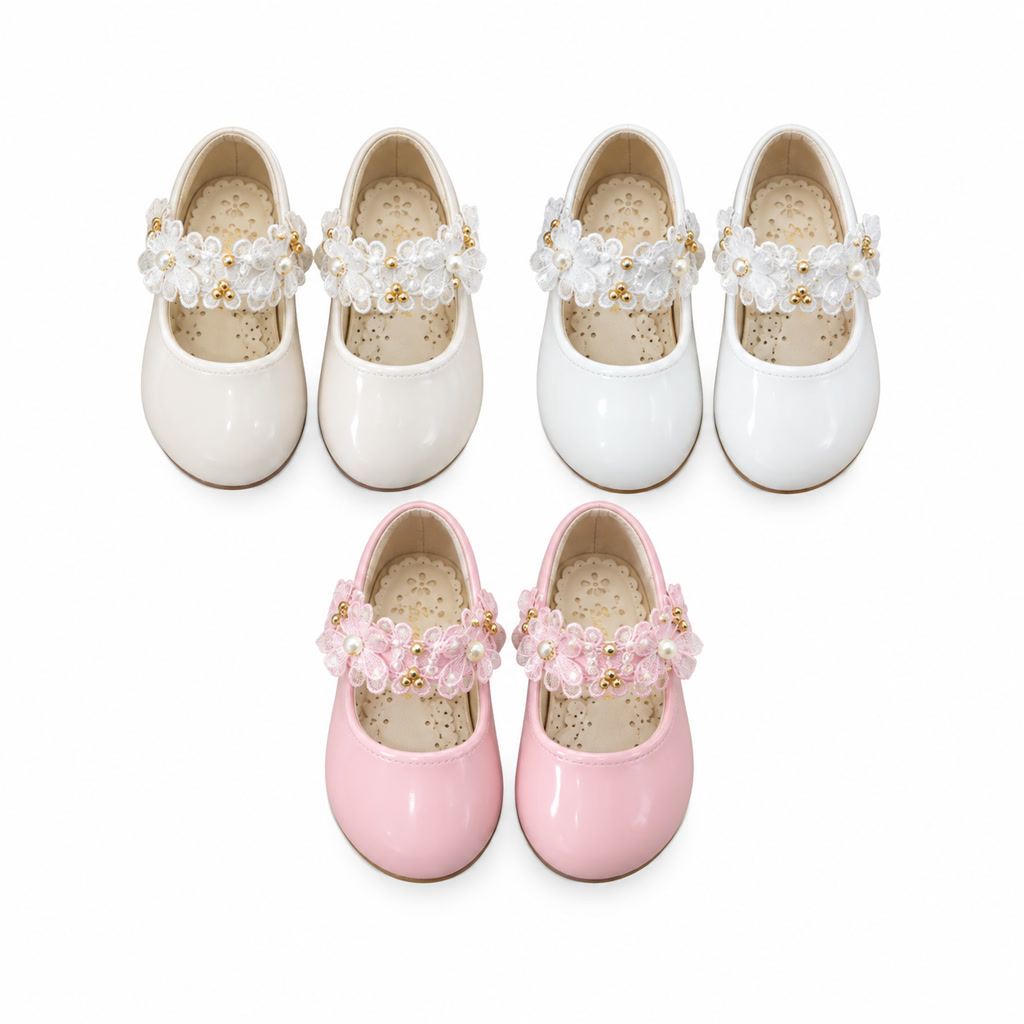 [DLM-4988-1] Zapato de charol para niña con moño de tul y cuentas en el centro (16-20)