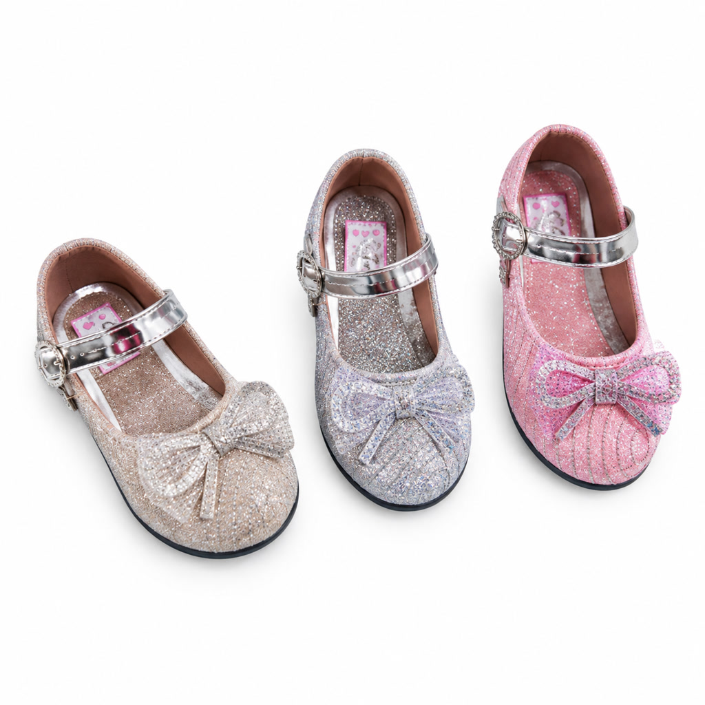 Zapato de charol para niña con moño de tiras brillantes