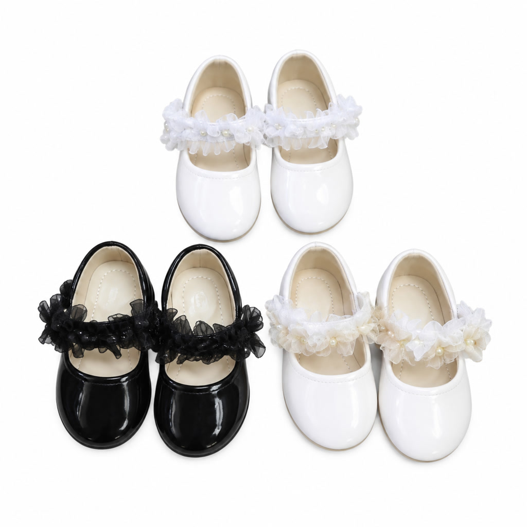 [DLM-3513] Zapato de charol para niña con moño de tela y borde de cuentas